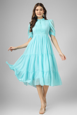 Wownoon Women Fit and Flare Blue Midi/Calf Length Dress