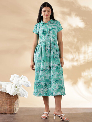 ANOUK Women Fit and Flare Light Green Midi/Calf Length Dress