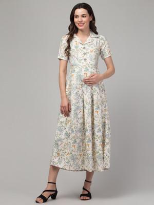 ZUVINO Women Fit and Flare White Midi/Calf Length Dress