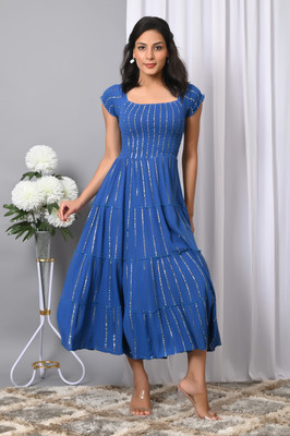 IQRAAR Women Fit and Flare Blue Midi/Calf Length Dress