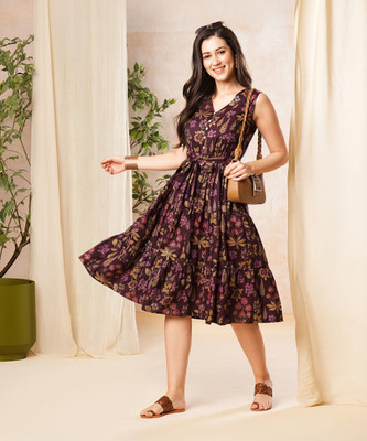 Globus Women Fit and Flare Multicolor Midi/Calf Length Dress