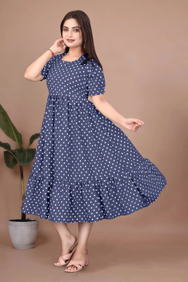 HIT FASHION HUB Women Fit and Flare Blue Midi/Calf Length Dress