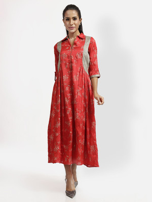 LELA Women A-line Red Knee Length Dress