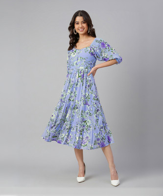Janasya Women Fit and Flare Purple Midi/Calf Length Dress