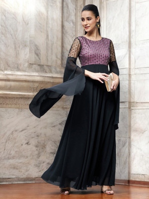 Miss Chase Women Fit and Flare Black Maxi/Full Length Dress