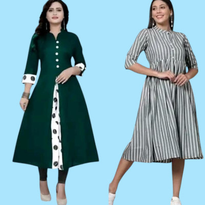 Texpamz Women Striped A-line Kurta(Green, Grey)