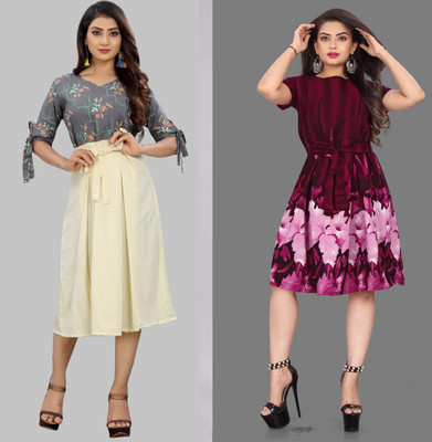 Hiral Creation Women Fit and Flare Grey, Purple Knee Length Dress