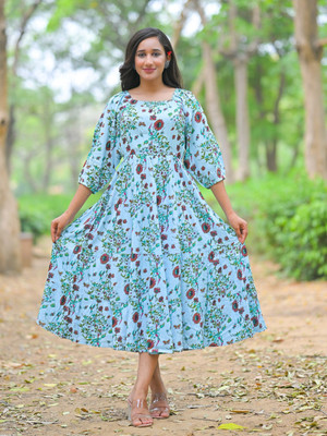 Yash Gallery Women Fit and Flare Light Blue Midi/Calf Length Dress