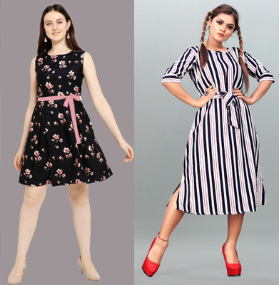 tanvi creation Women Fit and Flare Multicolor Midi/Calf Length Dress