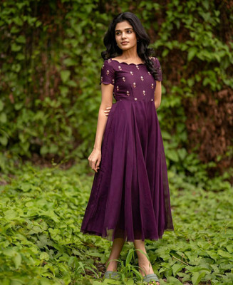 GROMint Women Fit and Flare Purple Midi/Calf Length Dress