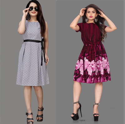 Hiral Creation Women Fit and Flare Multicolor Knee Length Dress