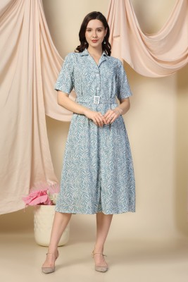 Fashion Dream Women Fit and Flare Light Blue, White Dress