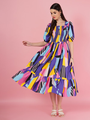 ZWERLON Women A-line Multicolor Midi/Calf Length Dress