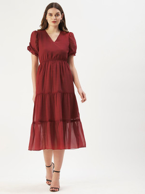Dressberry Women Fit and Flare Maroon Midi/Calf Length Dress