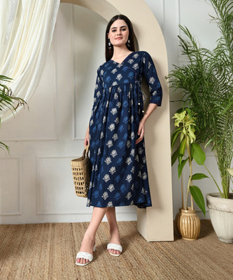 DECKEDUP Women A-line Dark Blue Midi/Calf Length Dress