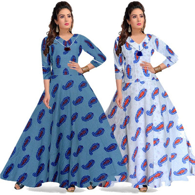 Shunit creation Women Fit and Flare Grey, White Maxi/Full Length Dress