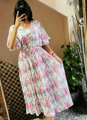simran collections Women Fit and Flare White Midi/Calf Length Dress