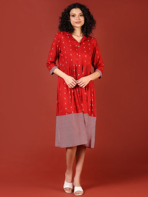 V-MART Women A-line Maroon Midi/Calf Length Dress