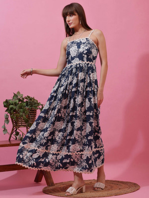 Sheetal Associates Women Fit and Flare Blue, White Maxi/Full Length Dress