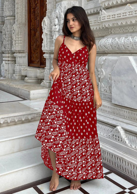 Vivbut creation Women Fit and Flare Red Maxi/Full Length Dress