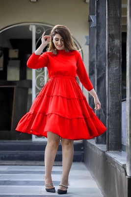 GPNTI Women Fit and Flare Red Midi/Calf Length Dress