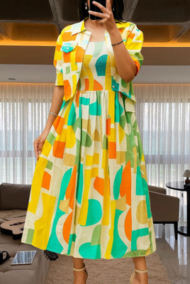 Avnienterprisea Women Fit and Flare Yellow Midi/Calf Length Dress