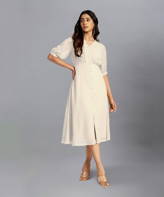 Janasya Women A-line White Midi/Calf Length Dress