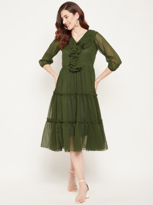 AINE Women Fit and Flare Dark Green Dress