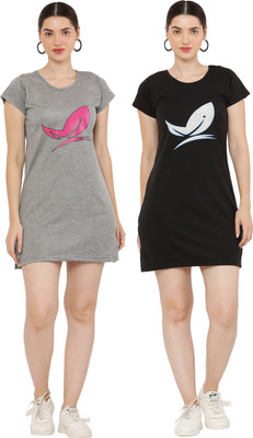 PREEGO Women T Shirt Black, Grey Above Knee/Mid Thigh Length Dress