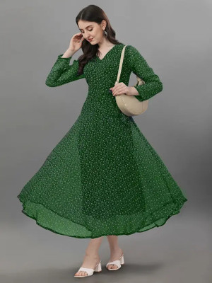 HK SHOPEE Women Fit and Flare Green Maxi/Full Length Dress