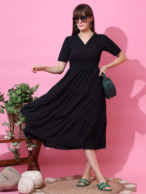 Seek By Sheetal Women Fit and Flare Black Midi/Calf Length Dress