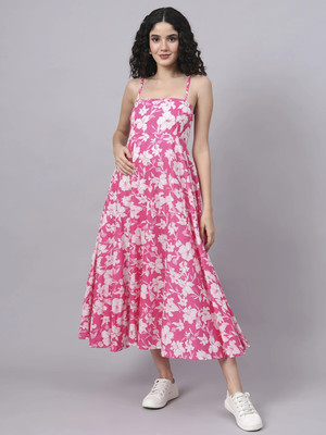 DIVENA Women Fit and Flare Pink Below Knee Dress