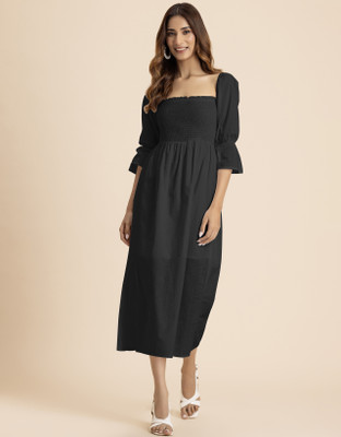 moomaya Women Fit and Flare Black Midi/Calf Length Dress