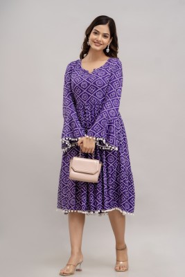 SHANGUL Women Fit and Flare Purple, White Dress