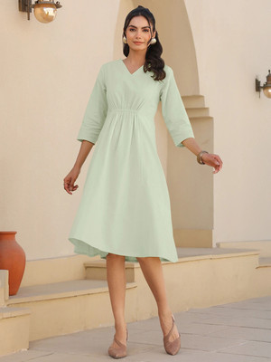 Janasya Women A-line Green Midi/Calf Length Dress
