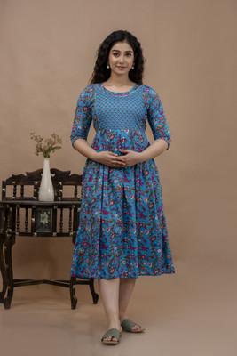 aashub Women A-line Light Blue Ankle Length Dress