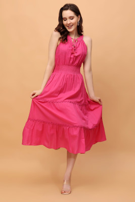 Feyona Women Fit and Flare Pink Below Knee Dress