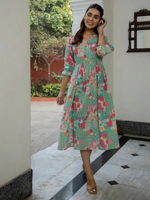 Janasya Women Fit and Flare Multicolor Below Knee Dress