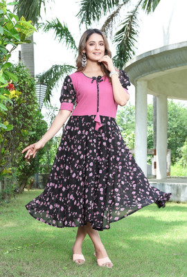 Parth Creation Women A-line Pink, Black, White Midi/Calf Length Dress