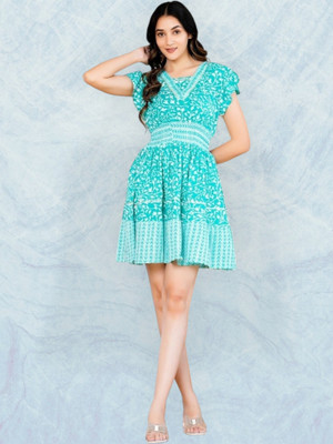 K K CREATION Women Gown Blue Above Knee/Mid Thigh Length Dress