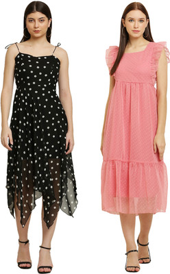 Hunoor Women High Low Pink, Black, White Knee Length Dress