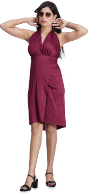KIYOO Women Bodycon Maroon Knee Length Dress