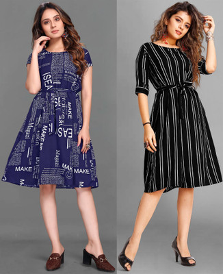 Rinra Women A-line Dark Blue, Black, White Knee Length Dress