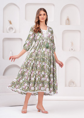 JC4U Women Fit and Flare Green Midi/Calf Length Dress