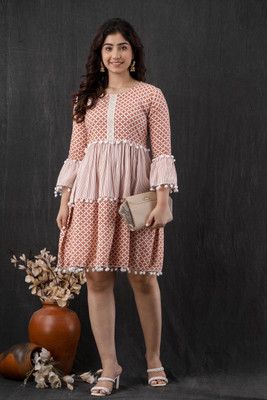 RAJIKA KURTIES Women Fit and Flare Pink, White Knee Length Dress