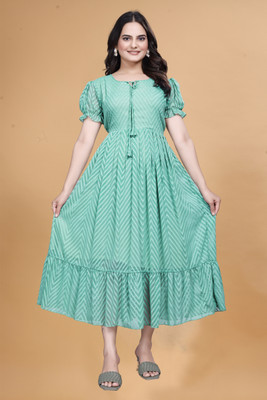 Qena Women Fit and Flare Light Green Midi/Calf Length Dress