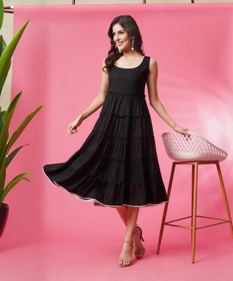 METRONAUT Women Fit and Flare Black Midi/Calf Length Dress