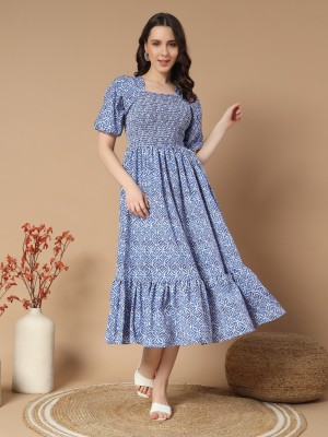 OTABU Women Fit and Flare Light Blue Dress