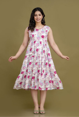Shyam Outfits Women A-line White, Pink Below Knee Dress