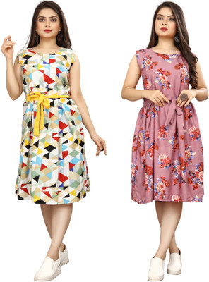 fashionwrld Women Fit and Flare Multicolor Knee Length Dress